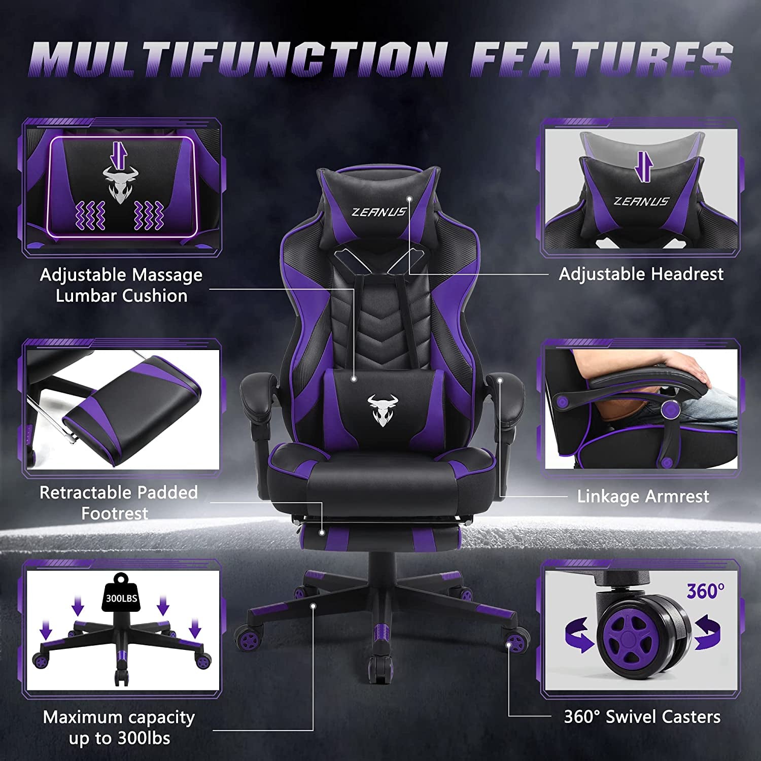 Purple Reclining Computer Chair with Footrest, High Back Gamer Chair with Massage, Large Racing Style Desk Chair for Gaming, Big and Tall Gaming Chairs for Adults