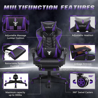 Purple Reclining Computer Chair with Footrest, High Back Gamer Chair with Massage, Large Racing Style Desk Chair for Gaming, Big and Tall Gaming Chairs for Adults