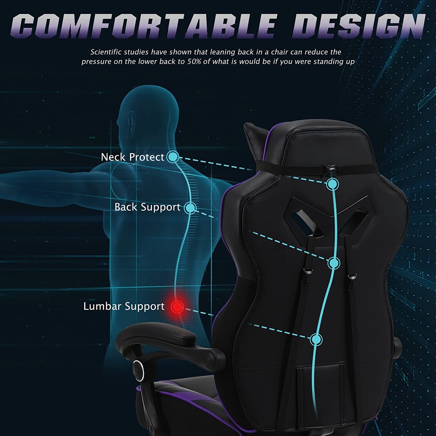 Purple Reclining Computer Chair with Footrest, High Back Gamer Chair with Massage, Large Racing Style Desk Chair for Gaming, Big and Tall Gaming Chairs for Adults